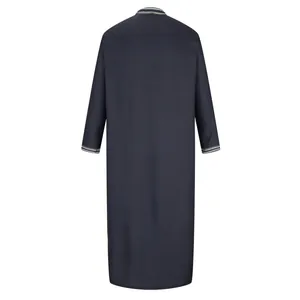 Back view of navy blue traditional men's thobe robe with patterned collar and cuffs