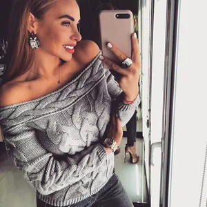 Grey off-the-shoulder cable knit sweater for women, stylish autumn winter fashion knitwear