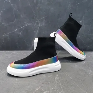 Detail shot of black high-top sock sneakers with vibrant rainbow trim and white sole