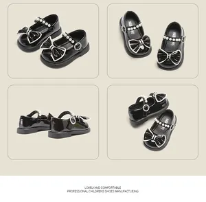 Multi-angle view of black patent leather Mary Janes with pearls and bows