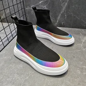 Men's high-top knit sock sneakers with rainbow iridescent trim and white chunky sole.