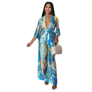 Two-piece floral print satin loungewear set with V-neck kimono top and wide-leg trousers