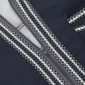 Detail view of a men's traditional robe zipper and geometric pattern trim in navy.