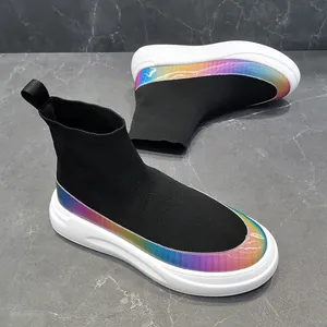 Side view of men's high-top fly-knit sock shoes with iridescent rainbow trim