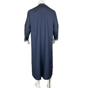Back view of a navy blue men's traditional long-sleeved thobe with striped cuffs