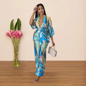 Full view of elegant blue faux silk printed kimono top and wide leg pants two-piece set