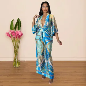 Elegant blue floral silk-like two-piece set with kimono top and wide-leg pants