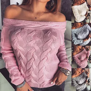 Women Off Shoulder Cable Knit Sweater Sexy Solid Color Long Sleeve Pullover Autumn Winter Casual Knitwear Top