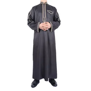 Traditional black men's long robe thobe with gold embroidery and stand collar