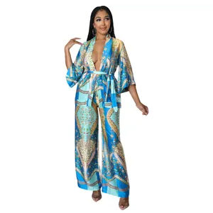 Elegant blue floral print faux silk two-piece set featuring kimono top and wide pants