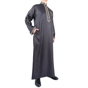 Traditional black men's long robe with stand collar and gold embroidery details