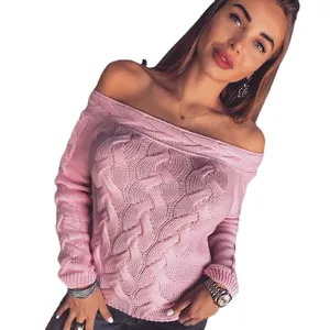 Elegant pink off-the-shoulder cable knit sweater for women with long sleeves for winter.