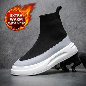Men's high-top black flyknit sock sneakers with thick white sole for street style fashion