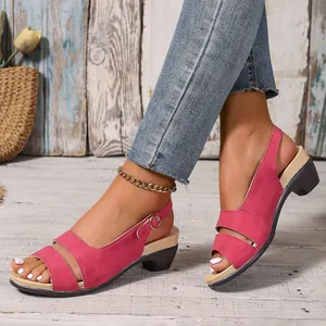 Elegant magenta peep-toe sandals for women with comfortable mid-block heel and ankle strap