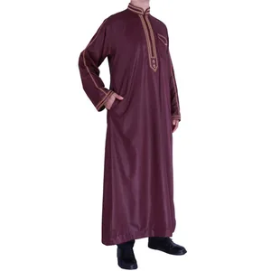Traditional burgundy men's thobe robe with gold ethnic embroidery and stand collar design