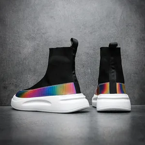 Men's high-top flyweave sock sneakers with iridescent rainbow detail and thick white sole.