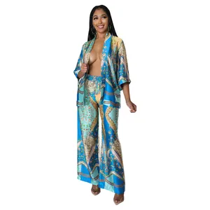 Full detail view of women's elegant blue printed satin two-piece set with wide-leg pants