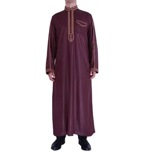 Traditional burgundy men's long robe thobe with elegant gold embroidery details