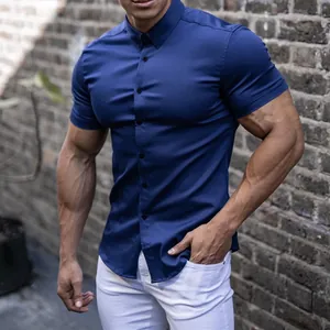 Premium blue muscle fit short sleeve shirt for men with elastic fabric and button detail