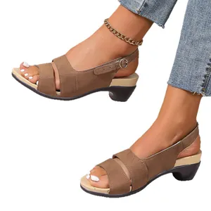 Women's brown peep-toe wedge sandals with adjustable ankle buckle strap for summer