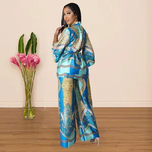 Detailed back view of women's printed imitation silk two-piece set with wide-leg pants