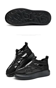 Vista detallada de sandalias de plataforma de malla negra para hombre con velcro