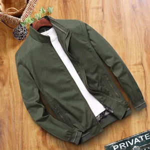 Men's casual military green washed cotton jacket with stand collar and metal zipper