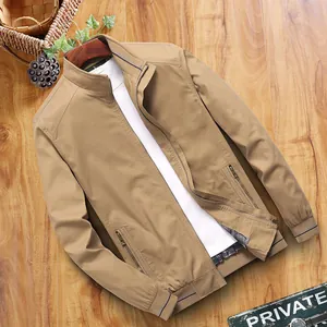 Classic khaki men's casual cotton jacket with stand collar and ribbed stripe details