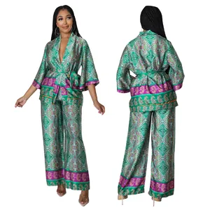 Front and back view of elegant faux silk paisley print wide-leg pants two-piece set