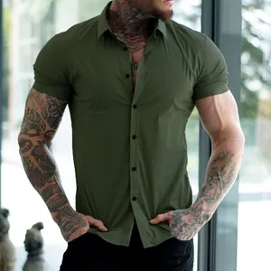Muscle fit olive green short sleeve shirt with stretch fabric for athletic builds