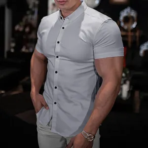 Muscle fit short sleeve shirt in light grey with black button details