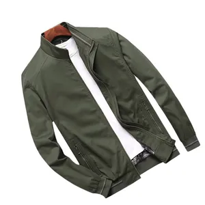 Men's casual green cotton jacket with stand collar and ribbed trim for spring autumn