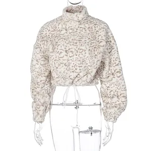 Detailed view of a fuzzy leopard print cropped sweatshirt on a transparent mannequin.