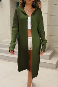 Detailed view of long-sleeved olive green hooded long knit cardigan worn by model