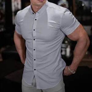 Close-up of a light grey short-sleeved muscle fit stretch shirt with black buttons