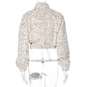 Back view detail of the plush leopard print sweatshirt on a clear display mannequin.