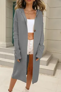 Detail view of a long grey hooded knit cardigan for women with decorative buttons