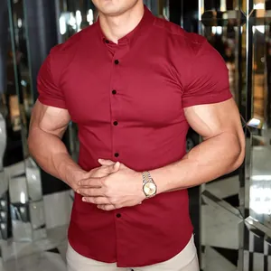 Muscle fit burgundy short sleeve stretch button-down shirt for men business casual