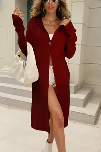 Elegant wine red hooded long knit cardigan for women casual autumn wear