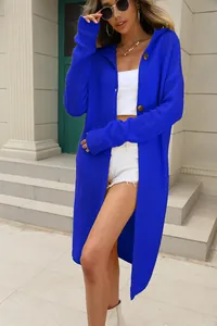 Stylish royal blue long-sleeved hooded knit cardigan with large button details for women