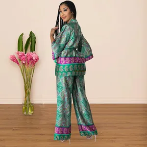 Elegant green paisley print faux silk two-piece set with wide-leg pants back view