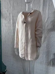 Close-up detail showing the texture and buttons of a cream hooded knit cardigan jacket