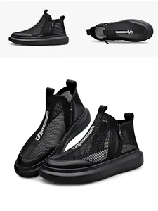Vistas lateral y superior de zapatillas de malla negra transpirable para hombre