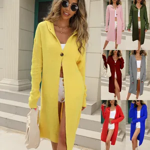 Women's Long Hooded Knitted Cardigan Sweater Solid Color Single Button Long Sleeve Loose Fit Casual Knit Coat Outerwear