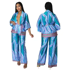 Women's blue floral print wide-leg pants and tie-front top two-piece set view