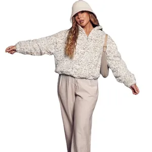 Women Leopard Print Plush Hoodie Western Style Rabbit Hair Blend Stand Collar Half Zip Loose Pullover Sweatshirt For Casual