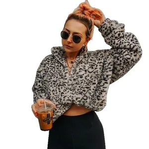 Cozy leopard print fleece sweatshirt with stand collar and half-zip for women.