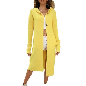 Long yellow hooded knitted cardigan for women, perfect for autumn and winter outfits.