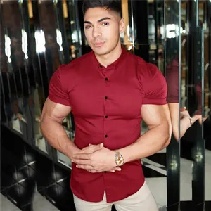Close-up of muscle fit burgundy short sleeve button down shirt for men in stretch fabric