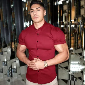 Close-up of maroon muscle fit short sleeve shirt with button-down collar and black buttons